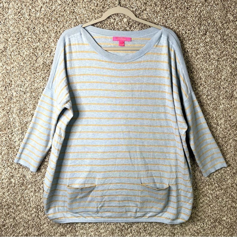 Lilly Pulitzer Sweater Women’s Large Cobo Blue & Gold Coastal Shell Striped